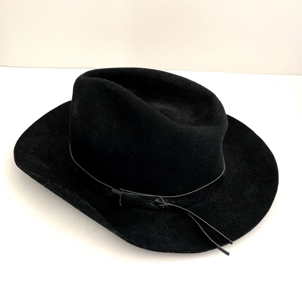 Black Wool Felt Brown Leather Band 7 - 7 1/8
Medium Boho Chic Western Like New